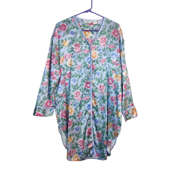 Vtg Partners by Mervyns Satin Floral Long Sleeve Button Up Nightgown Medium - Picture 1 of 13